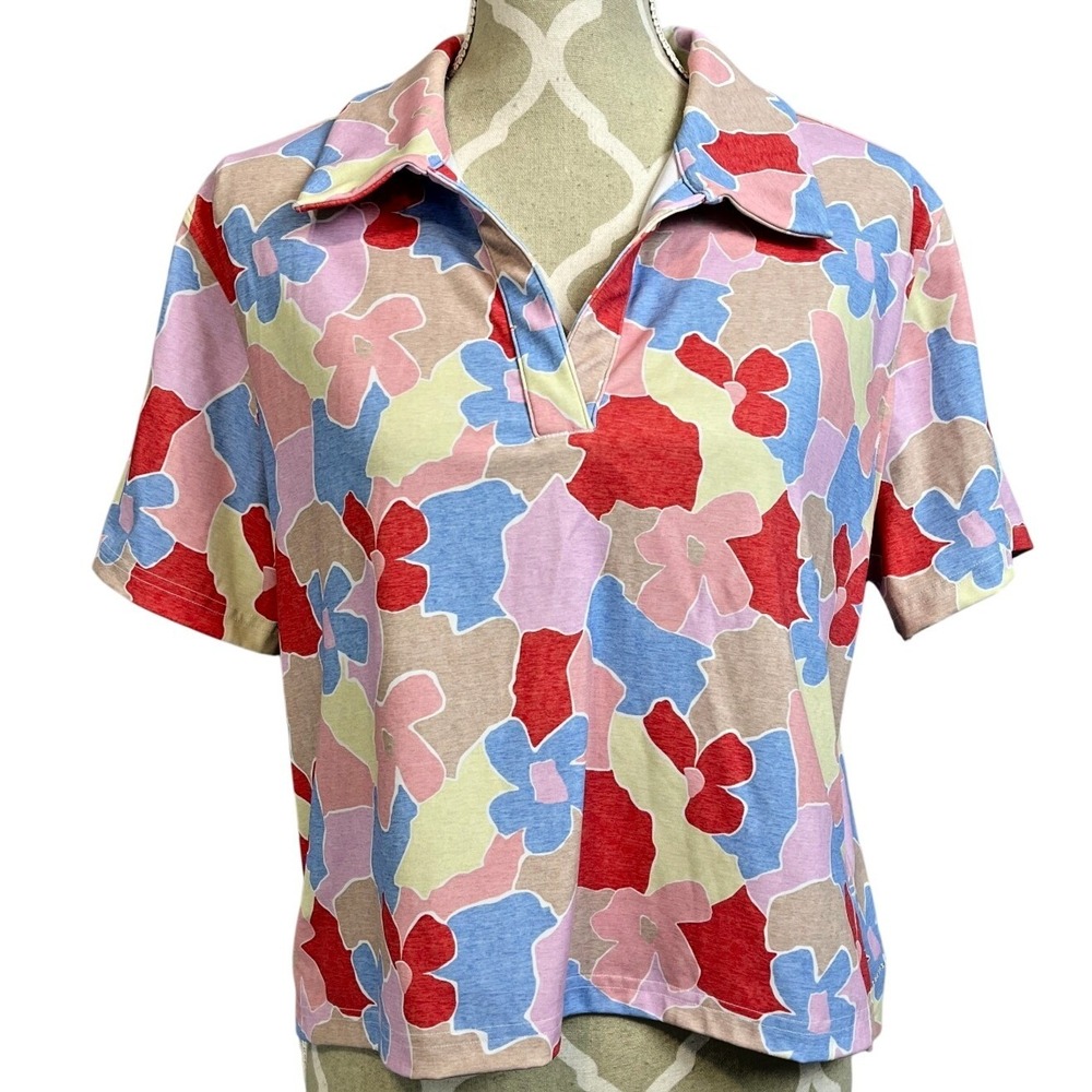 TRAVIS‎ MATHEW Shirt Womens LPolo Short Sleeve Golf Top Colorful Print Collared